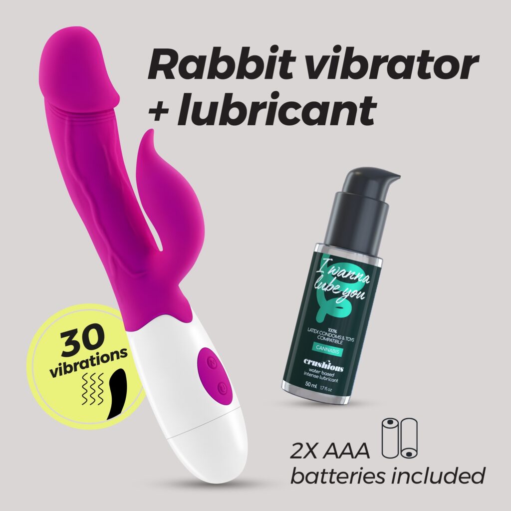 VIBRADOR CON ESTIMULADOR DE CLÍTORIS MOCHI MORADO Y LUBRICANTE DE BASE AGUA INCLUIDO CRUSHIOUS